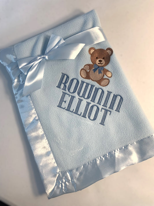 Fleece Baby Blanket with Embroidered Teddy Bear & Name